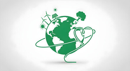 A green earth with wind turbines, solar panels, a tree and heart representing ecological harmony