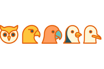 Collection of diverse stylized bird heads including an owl, eagle, parrot, and penguin in a clean graphic style