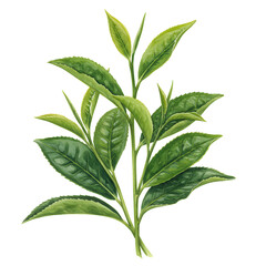 Fototapeta premium Fresh green tea leaves watercolor illustration with detailed veins and serrated edges isolated on white background