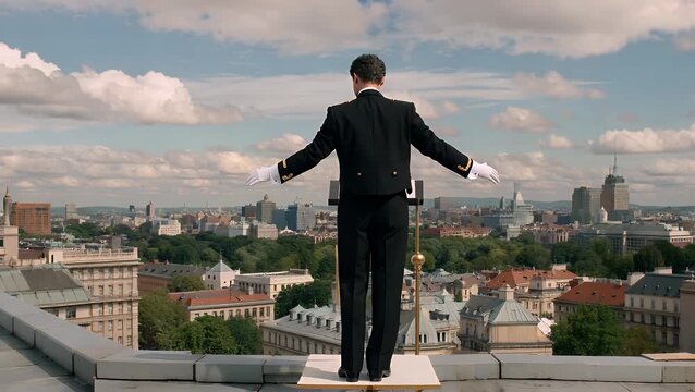 Rear View Silhouette of Formal Orchestra Leader Conducting Music While Standing on High Urban Rooftop