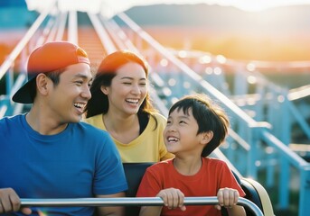 Happy Asian family laughing on a roller coaster at sunset.