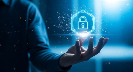 Person holding a glowing digital padlock icon representing cybersecurity and data protection