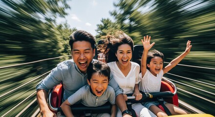 Happy Asian family riding a roller coaster at an amusement park