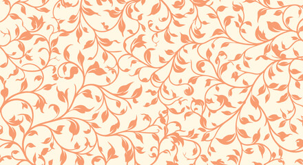 Swirling light orange vines and leaves repeat across a light cream background, filling the frame