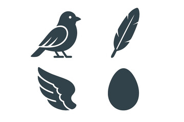 Fototapeta premium Collection of bird related icons including a small bird, a single feather, a stylized wing, and an oval egg