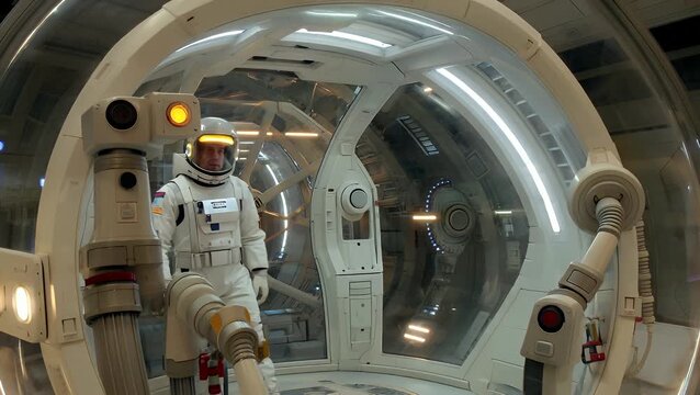 Dive into the unknown 3D of science fiction scene showing male astronaut exploring alien space ship in robotic, multi armed glass capsule robot