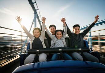 Happy Asian family riding a roller coaster at an amusement park