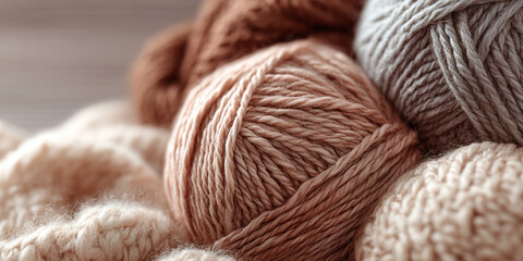 Soft yarn balls in beige and brown tones placed on knitted wool fabric forming handmade cozy textile background design - AI generated