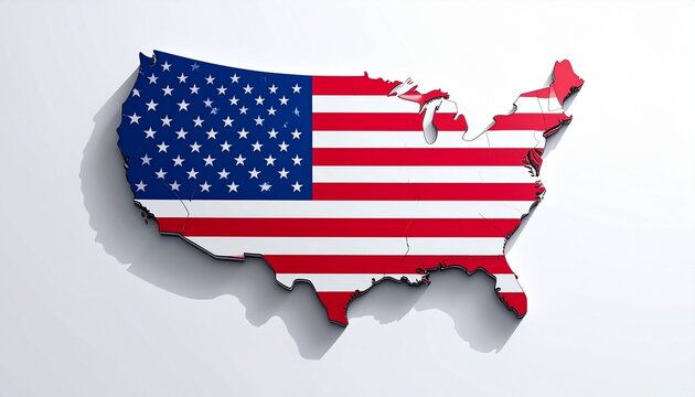 The flag of the United States placed inside the map outline of USA realistic colors white background with soft shadows
