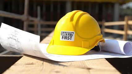 Yellow hard hat with SAFETY FIRST on blueprints representing essential safety protocols and meticulous planning at a busy construction site