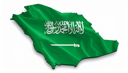 The flag of Saudi Arabia inside the map shape of Saudi Arabia with Arabic text detail isolated on white background
