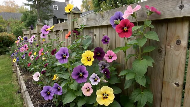 assortment of plants that bloom every year cultivated adjacent to boundary structure in cultivated plot of land