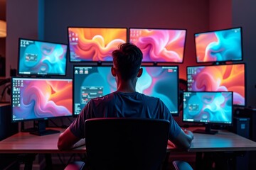 Graphic Designer Immersed in Vibrant Projects on Multiple Screens