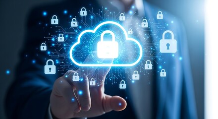 Businessman touching glowing cloud icon with digital padlock for secure data storage