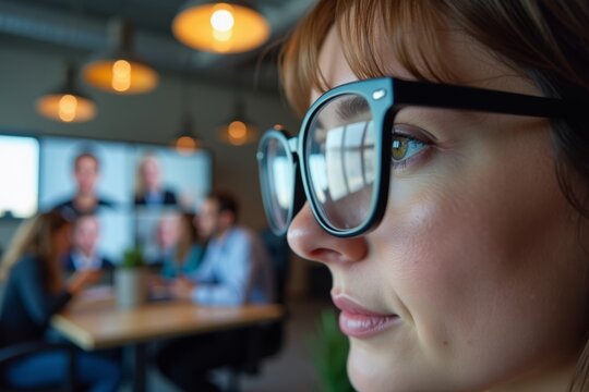 Reflecting Chaos: A Colleague's Glasses Capture the Chaotic yet Engrossed Reactions of Co-Workers in a Video Conference Meeting - Powered by Adobe