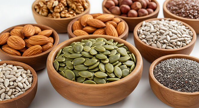 An assortment of various nuts and seeds displayed in small wooden bowls on a white surface.