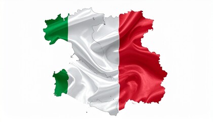 The flag of Italy covering the map outline of Italy with fabric wave effect isolated on white background
