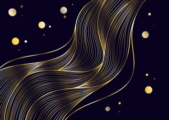 Elegant golden flowing lines with circles on black background