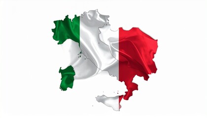 The flag of Italy covering the map outline of Italy with fabric wave effect isolated on white background

