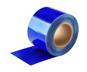 A roll of blue holographic tape with a shiny, reflective surface, isolated on a transparent background, showing a strip of tape unrolled