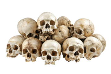 Pile of human skulls isolated on transparent background. Detailed view of a pile of human skulls isolated on white background.