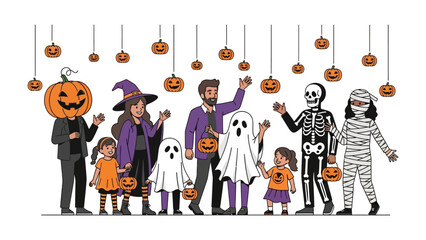 Obraz premium Halloween Festive Gathering: A lively and vibrant illustration captures a diverse family dressed in classic Halloween costumes, creating a joyful, festive atmosphere.