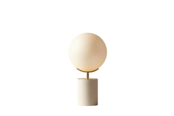A single pale oval lamp on a simple stand isolated on transparent background. Modern table lamp with a brass base isolated on white background.