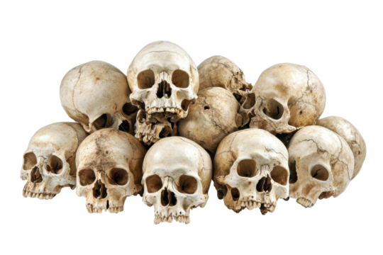 Pile of human skulls isolated on transparent background. Detailed view of a pile of human skulls isolated on white background.