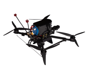 Isolated modern quadcopter drone with camera and antennas, used for surveillance, delivery, or military applications. Realistic high-resolution render on transparent back