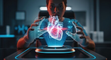 doctor analyzes glowing 3d holographic human heart with futuristic interface. concept of ai in medicine, advanced diagnostics, and healthcare technology.