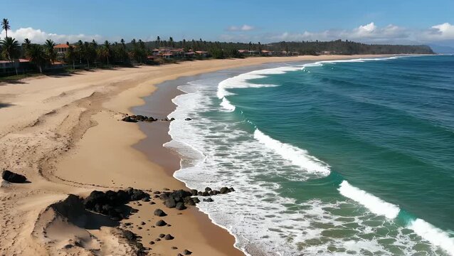 Aerial Perspective of Powerful Ocean Waves Breaking Upon the Shoreline of Picturesque Coastal Region