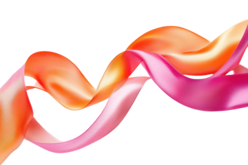 Flowing satin ribbon in orange and pink isolated on transparent background. Orange and pink satin ribbon with smooth flowing curls isolated on white background.