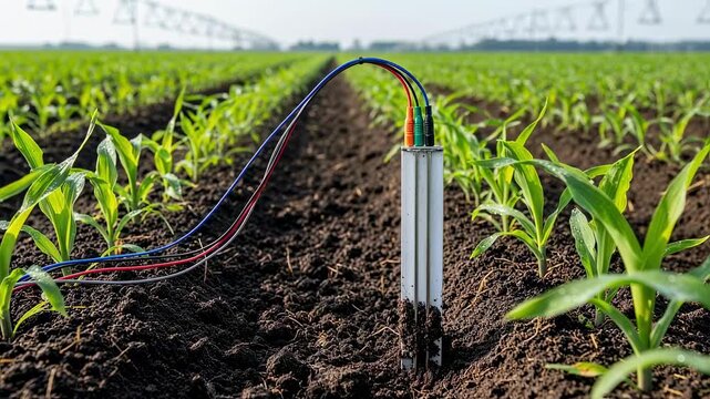 Medium shot capturing a resistancebased soil moisture sensor embedded in soil providing data for efficient irrigation management in crop fields.