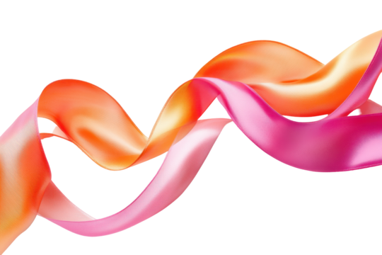 Flowing satin ribbon in orange and pink isolated on transparent background. Orange and pink satin ribbon with smooth flowing curls isolated on white background.