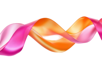 Flowing satin ribbon in orange and pink isolated on transparent background. Orange and pink satin ribbon with smooth flowing curls isolated on white background.
