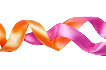 Flowing satin ribbon in orange and pink isolated on transparent background. Orange and pink satin ribbon with smooth flowing curls isolated on white background.