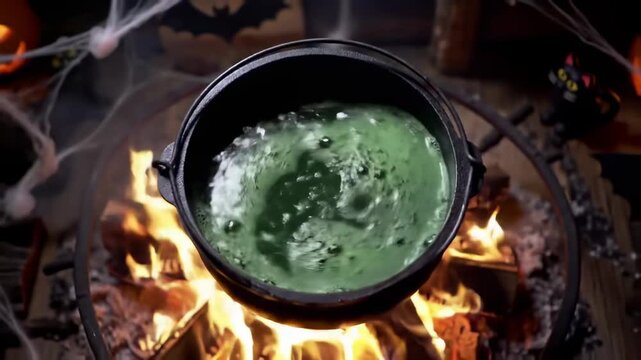 Realistic close-up of a thick, dark green potion vigorously bubbling in a black cauldron hanging over a fire.