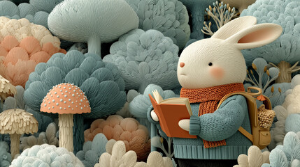 Whimsical forest: animals in knit sweaters, rabbit reads, squirrel carries acorn