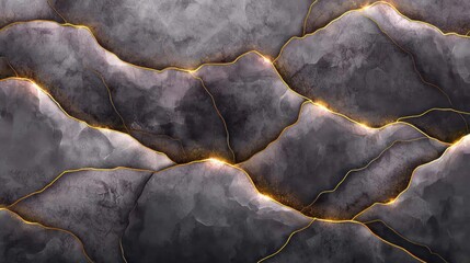 Fototapeta premium Abstract artwork depicting a textured, layered landscape with gold accents and dark tones.