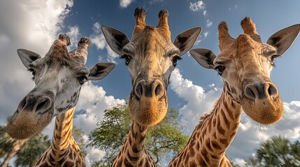 Close up portrait of three giraffes looking down at the camera in the wild outdoors