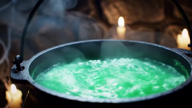 Close-up shot of a mysterious green potion boiling and bubbling in a black cauldron in a dark, magical laboratory.