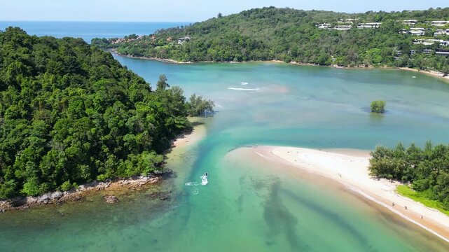 Aerial top down view on the north tip of Layan and Bang Tao Beach in Phuket, Thailand.

