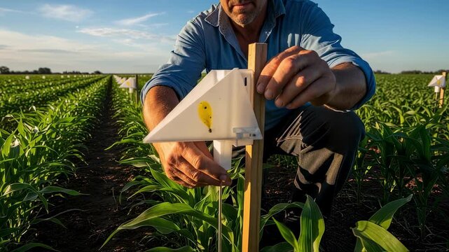 Medium shot of a farmer installing pheromone traps among crops to monitor and control pest populations in a sustainable field management practice.