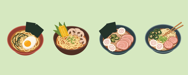 Four bowls of noodle soup with different toppings on a light green background  bundle design