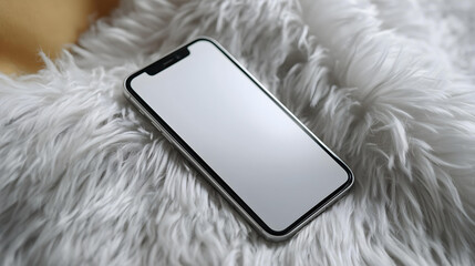 The mobile phone is placed on the white carpet.