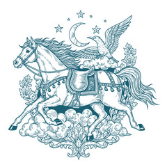 Ornate engraving of a majestic horse with saddle, flying bird, crescent moon, stars, clouds, and decorative flourishes.