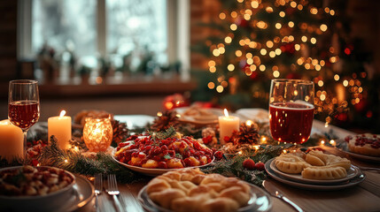 Traditional Polish Christmas table with makowiec cake centerpiece, glowing candles, borscht and pierogi in background creating warm festive family dinner atmosphere