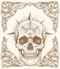 Ornate vintage engraving of skull with compass rose, surrounded by swirling victorian baroque floral flourishes.tattoo design