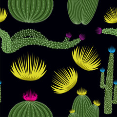 Seamless pattern with flat cactus for your fabric, summer background, wallpaper, backdrop, textile. Vector illustration