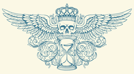 Ornate vintage engraving of skull illustration, surrounded by swirling victorian baroque floral flourishes.tattoo design